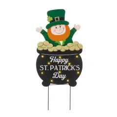 Glitzhome&reg; 24" Lighted St. Patrick's Wooden Leprechaun Pot of Gold D&eacute;cor