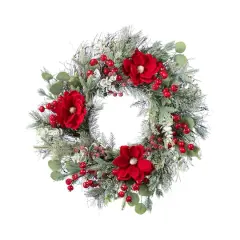 Glitzhome&reg; 24"D Christmas Red Mangnolia & Berry Wreath