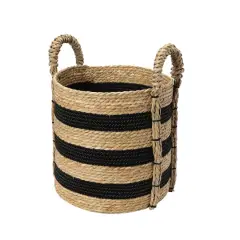 Household Essentials 20" Black & Natural Stripes Braided Basket with Handles
