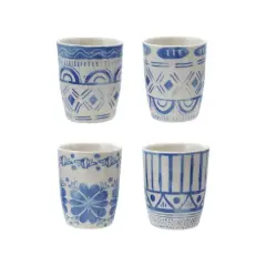 Hello Honey 12-Piece Stoneware Cup with Tile Pattern, Blue and White