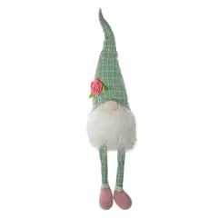 28" Green & White Plaid Spring Gnome with Dangling Legs Figure