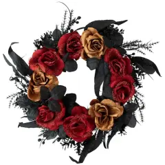 22" Red & Gold Roses with Black Foliage Halloween Wreath