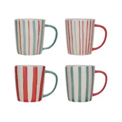 Hello Honey&reg; 14oz. Hand-Painted Red, Aqua & Cream Stripes Stoneware Mugs, 4ct.