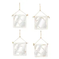 Set of 4 White Wood Vintage Decor Wall Mirror, 12" x 12"