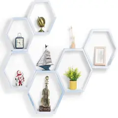 NEX&trade; Blue Whitewash Wall-Mounted Rustic Hexagon Honeycomb Hanging Shelf Set