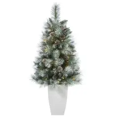3.5ft. Pre-Lit Frosted British Columbia Mountain Pine Artificial Christmas Tree in White Planter, Clear Lights