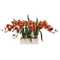 15" Red Boat Orchid Arrangement in White Vase