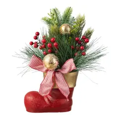 Glitzhome&reg; 14" Christmas Red Boot with Pine Needle & Berry Centerpiece