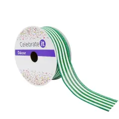 1.5" x 30ft. Stripe Faux Linen Wired Ribbon by Celebrate It&trade; D&eacute;cor Kelly Green