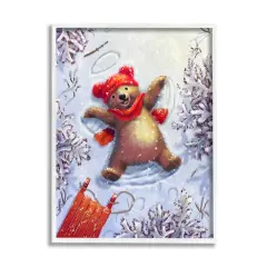 Stupell Industries Bear Cub Snow Angel Sled Framed Giclee Art White