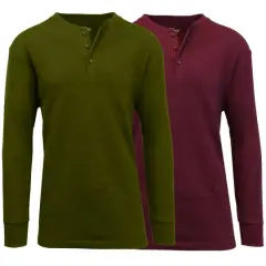 Men's Long Sleeve Waffle-Knit Thermal Henley Shirt 2 Pack Olive/Burgundy