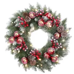 Haute Decor 24" Pre-Lit Frosted Ithica Pine Wreath, Soft White LED Lights