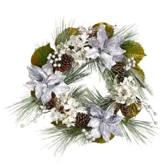 24" Silver Poinsettia, Hydrangea & Pinecones Artificial Christmas Wreath