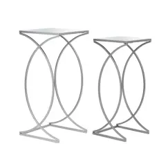 Glitzhome&reg; Metal Tall Accent Table with Glass Top Set Silver