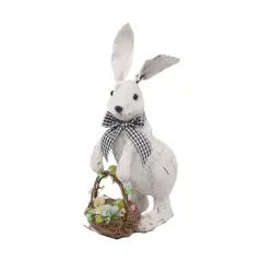 13" Brushed White Easter Rabbit with Basket Standing D&eacute;cor