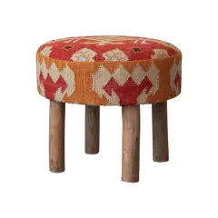 Hello Honey&reg; 24" Round Orange Cotton & Wool Kilim Stool with Natural Wood Legs