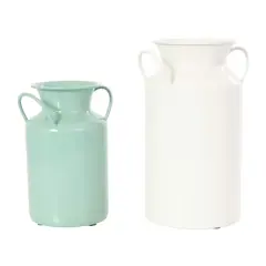 Teal and White Metal Jug Vase with Handles Set