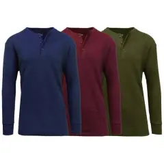Men's Long Sleeve Waffle-Knit Thermal Henley Shirt 3 Pack Navy/Olive/Burgundy
