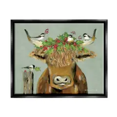 Stupell Industries Cattle & Birds Holiday Holly Framed Floater Canvas Wall Art Black