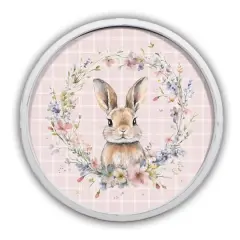20" Check Floral Bunny Print in Round White Frame