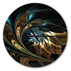 Designart Brown Blue Fractal Flower in Black Modern Wall Clock