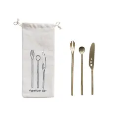 Hello Honey&reg; 6" Brass Appetizer Cutlery Kitchen Set with Printed Drawstring Bag