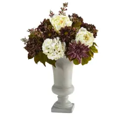 27" Peony, Hydrangea & Dahlia Arrangement in Sand Colored Urn