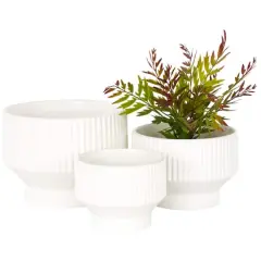 Linear Grooves Wide Ceramic Planter Set White