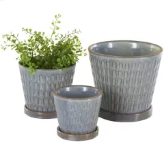Blue Geometric Oval Patterned Ceramic Planter Set