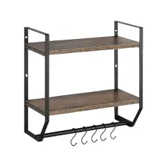 2-Layer Wall Mounted Rustic Shelves with Iron Towel Bar Brown