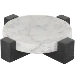 8.25" White Marble Round Tray with Black X-Shaped Base