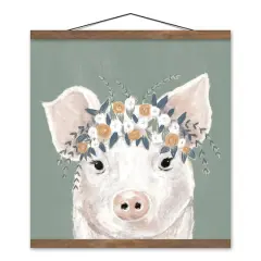 Pig With Flowers 16" x 16" Teak Hanging Canvas