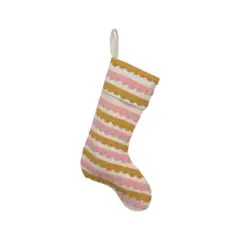 Hello Honey&reg; 19" Pink, Cream & Mustard Wool Felt Stocking with Appliqued Scallops & Beads