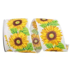 Reliant 2.5" x 10yd. Linen Wired Sunflowers In Line Ribbon White