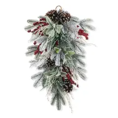 Glitzhome&reg; 28"Christmas Flocked Pinecone & Berry Teardrop