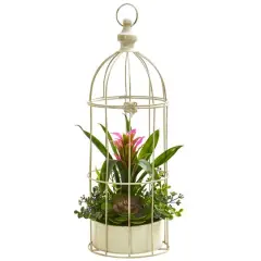 19" Bromeliad & Succulent Artificial Arrangement in Bird Cage Purple