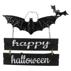 17" Black Bat & Happy Halloween Metal Hanging Sign