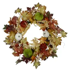 24" Green Pumpkins & Straw Fall Harvest Wreath