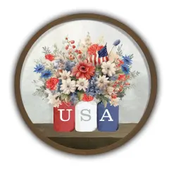 USA Mason Jar Florals Round Brown Framed Print