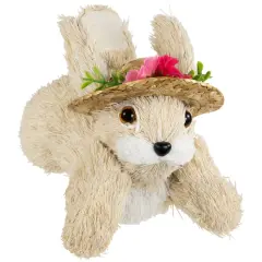 8.75" Beige Rabbit with Floral Straw Hat Easter Figurine