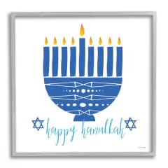 Stupell Industries Happy Hanukkah Patterned Blue Menorah Framed Giclee Art Gray