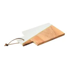 Hello Honey&reg; 12" White and Natural Boho 2-Tone Marble and Acacia Wood Charcuterie or Cutting Board with Brass Inlay and Leather Tie
