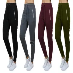 Galaxy by Harvic Women's Relaxed-Fit Fleece-Lined Jogger Sweatpants with Zipper Pockets 4 Pack Black/Charcoal/Burgundy/Olive