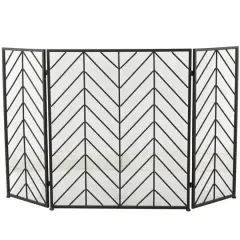 Black Metal Foldable Mesh Netting 3 Panel Geometric Fireplace Screen with Chevron Pattern 52" x 1" x 31"