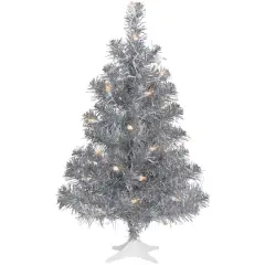 2ft. Pre-Lit Silver Iridescent Tinsel Artificial Christmas Tree, Clear Lights