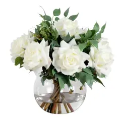 Wedding Collection 16in. Artificial Roses and Mixed Greens Arrangement in Glass Vase