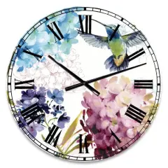 Designart 'Humming Bird Blue Cottage Flower Farmhouse Wall Clock