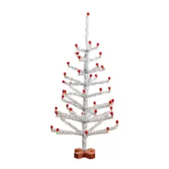 3ft. Artificial Retro Silver Tinsel Christmas Tree with 45 Red Mini Ornament Balls and Wooden Base