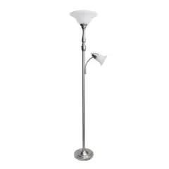 Lalia Home Torchiere Floor Lamp with Reading Light Brushed Nickel/White Shades