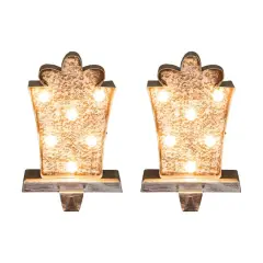Glitzhome&reg; 7.5" Pre-Lit Marquee Wooden Metal LED Gift Box Stocking Holder, 2ct. 